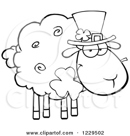 Clipart of a Black and White St Patricks Day Sheep with a Top Hat and Shamrock - Royalty Free Vector Illustration by Hit Toon