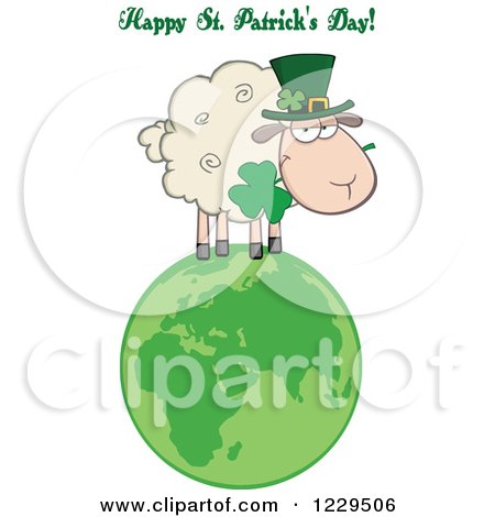 Clipart of a Happy St Patricks Day Greeting and Sheep with a Top Hat and Shamrock on a Globe - Royalty Free Vector Illustration by Hit Toon