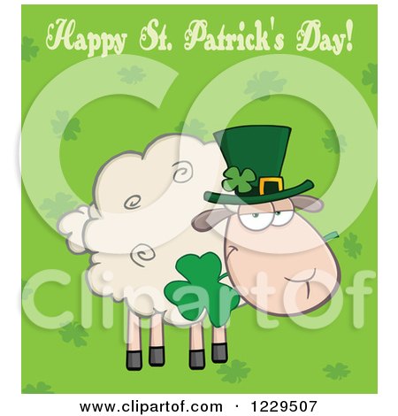 Clipart of a St Patricks Day Greeting and Sheep with a Top Hat and Shamrock over Clovers - Royalty Free Vector Illustration by Hit Toon