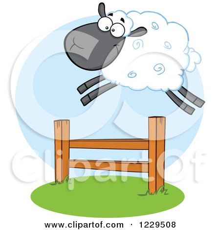 Clipart of a Happy Black Sheep Leaping over a Fence - Royalty Free Vector Illustration by Hit Toon