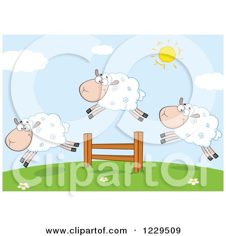 Clipart of Happy Sheep Leaping over a Fence on a Hill - Royalty Free Vector Illustration by Hit Toon