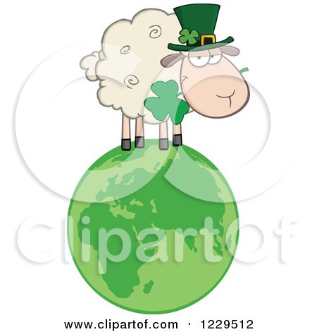 Clipart of a St Patricks Day Sheep with a Top Hat and Shamrock on a Globe - Royalty Free Vector Illustration by Hit Toon
