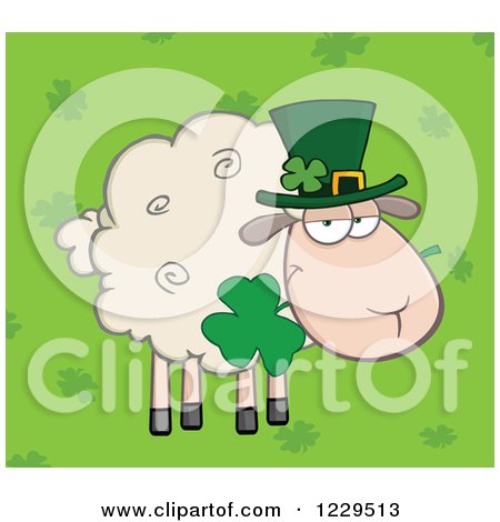 Clipart of a St Patricks Day Sheep with a Top Hat and Shamrock over Clovers - Royalty Free Vector Illustration by Hit Toon