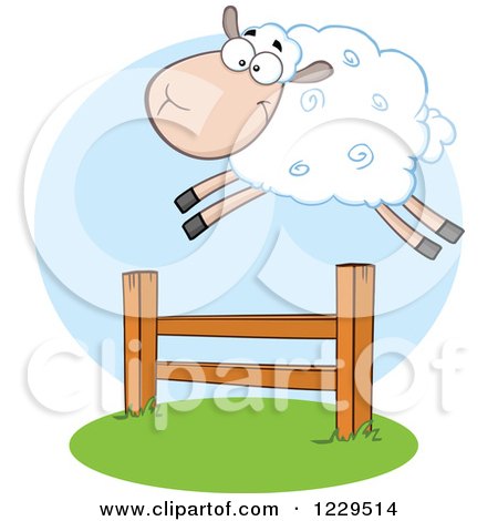 Clipart of a White Sheep Jumping over a Fence - Royalty Free Vector Illustration by Hit Toon