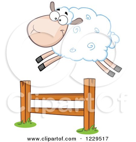 Clipart of a Happy White Sheep Leaping over a Fence - Royalty Free Vector Illustration by Hit Toon