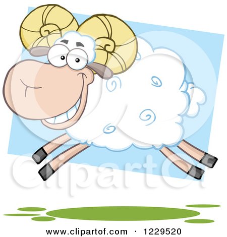 Clipart of a Happy White Sheep Ram Leaping - Royalty Free Vector Illustration by Hit Toon