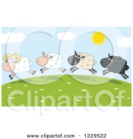 Clipart of Happy Sheep Leaping on a Hill Top - Royalty Free Vector Illustration by Hit Toon