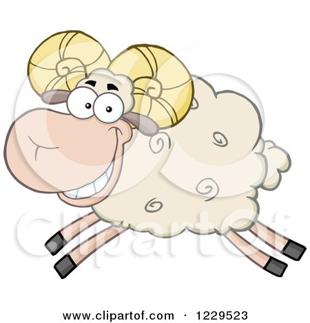 Clipart of a Happy Tan Sheep Ram Leaping - Royalty Free Vector Illustration by Hit Toon