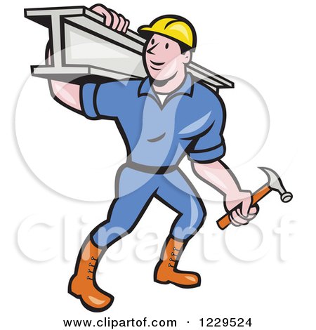 Clipart of a Construction Worker Foreman Carrying a Steel Beam - Royalty Free Vector Illustration by patrimonio