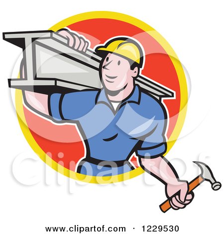 Clipart of a Construction Worker Foreman Carrying a Steel Beam in a Red Circle - Royalty Free Vector Illustration by patrimonio