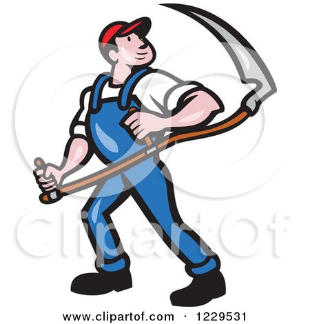 Clipart of a Farmer Carrying a Scythe and Looking over His Shoulder - Royalty Free Vector Illustration by patrimonio
