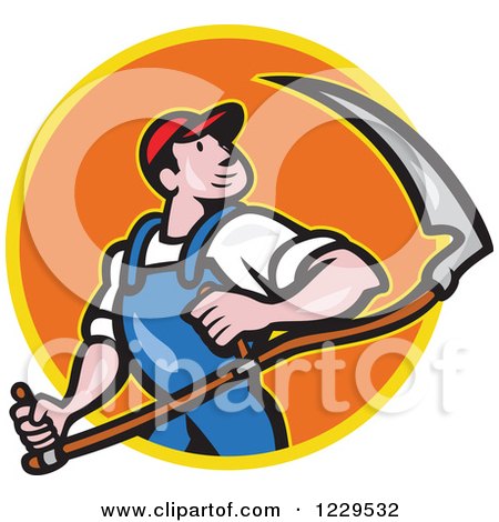 Clipart of a Farmer Carrying a Scythe and Looking over His Shoulder, in an Orange Circle - Royalty Free Vector Illustration by patrimonio