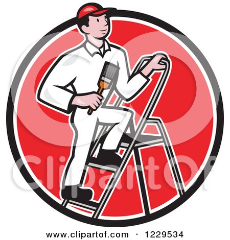 Clipart of a House Painter on a Ladder in a Red Circle - Royalty Free Vector Illustration by patrimonio