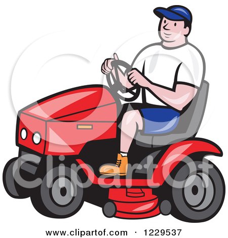 Clipart of a Gardener Man Driving a Red Tractor - Royalty Free Vector Illustration by patrimonio