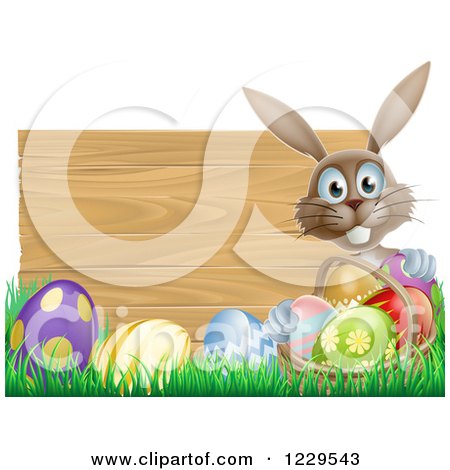Clipart of a Brown Bunny by a Wood Sign with Grass and Easter Eggs - Royalty Free Vector Illustration by AtStockIllustration