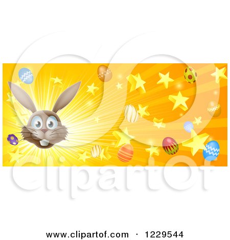 Clipart of a Brown Bunny Face with Easter Stars and Eggs Bursting - Royalty Free Vector Illustration by AtStockIllustration