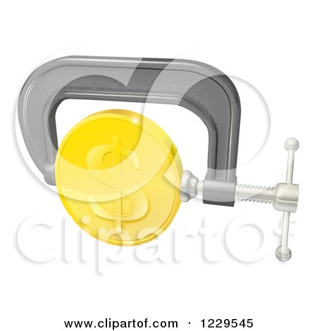 Clipart of a 3d Gold Dollar Coin in a Clamp - Royalty Free Vector Illustration by AtStockIllustration