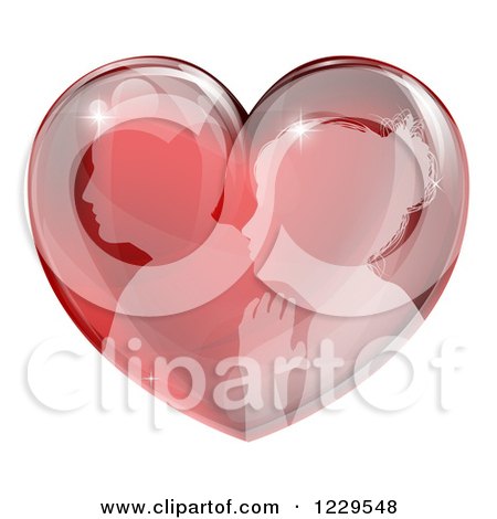 Clipart of a Silhouetted Profiled Couple in a Reflective Red Heart - Royalty Free Vector Illustration by AtStockIllustration