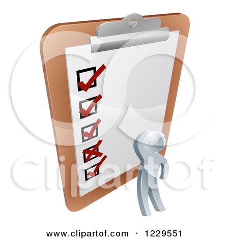 Clipart of a 3d Silver Man Looking at a Large Survey Clipboard - Royalty Free Vector Illustration by AtStockIllustration