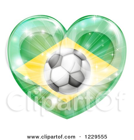 Clipart of a Reflective Brazil Flag Heart and Soccer Ball - Royalty Free Vector Illustration by AtStockIllustration