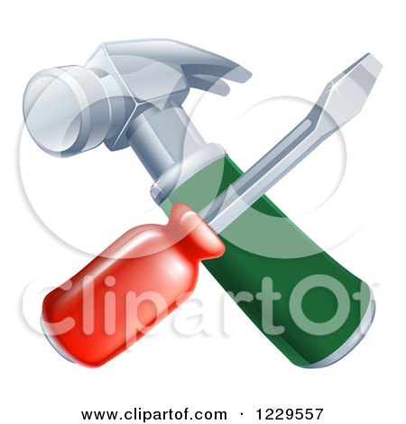 Clipart of a Crossed Screwdriver and Hammer - Royalty Free Vector Illustration by AtStockIllustration