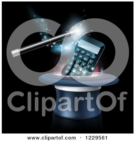 Clipart of a Magic Wand with a Calculator and Top Hat on Black - Royalty Free Vector Illustration by AtStockIllustration