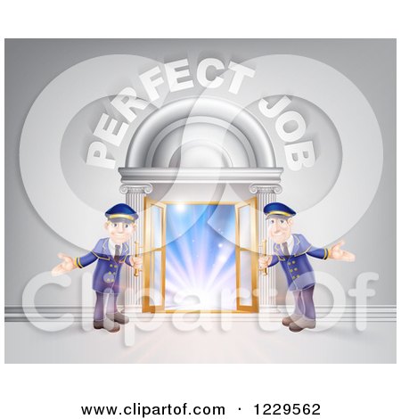 Clipart of a Venue Entrance with Welcoming Friendly Doormen and Perfect Job Text - Royalty Free Vector Illustration by AtStockIllustration