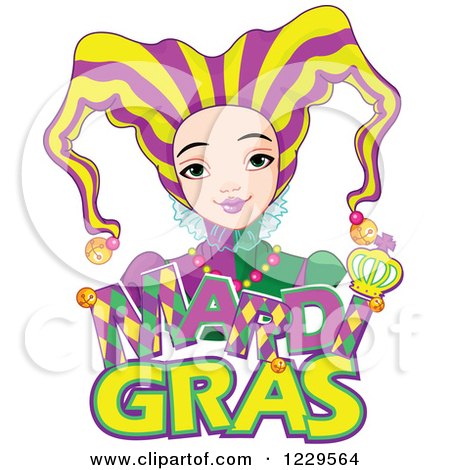 Clipart of a Mardi Gras Jester Girl over Text - Royalty Free Vector Illustration by Pushkin