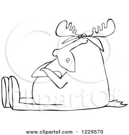 Clipart of a Black and White Lineart Stubborn Moose Sitting with Folded Arms - Royalty Free Vector Illustration by djart