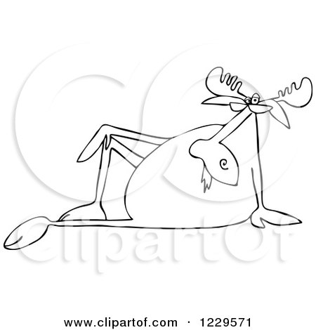 Clipart of a Black and White Lineart Sophisticated Moose Sitting Back - Royalty Free Vector Illustration by djart
