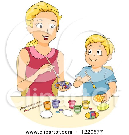 Clipart of a Mother and Son Painting Easter Eggs - Royalty Free Vector Illustration by BNP Design Studio
