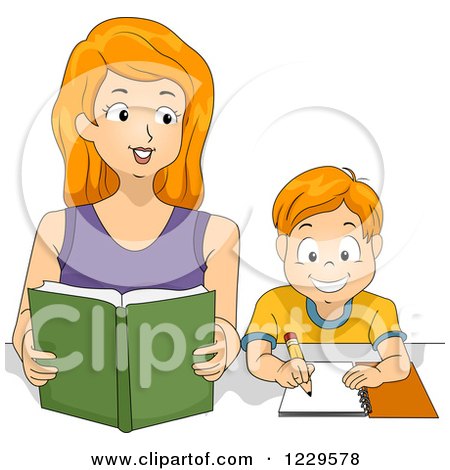 Clipart of a Mother and Son Reading and Doing Homework - Royalty Free Vector Illustration by BNP Design Studio