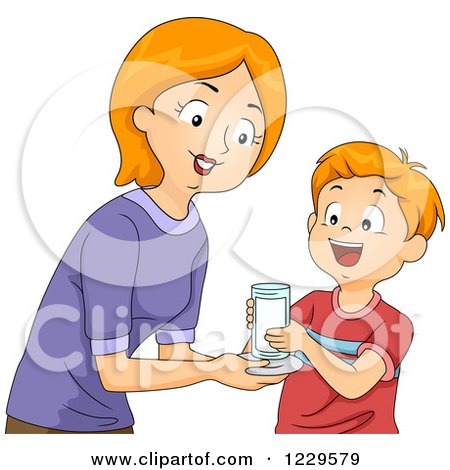 Clipart of a Mother Giving Her Son a Glass of Milk - Royalty Free Vector Illustration by BNP Design Studio