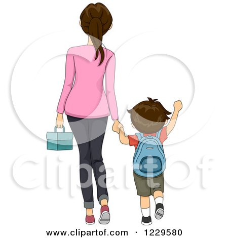 Clipart of a Rear View of a Mother Walking Her Son to School - Royalty Free Vector Illustration by BNP Design Studio