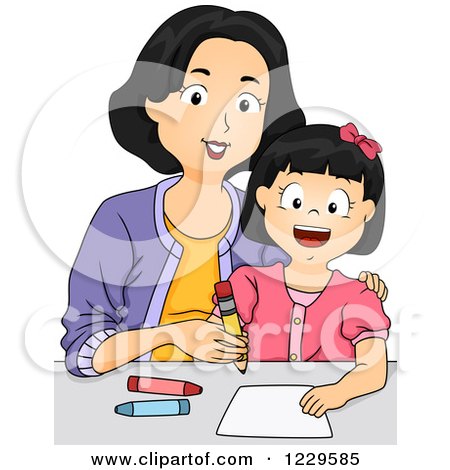 Clipart of a Mom Teaching Her Daughter Writing - Royalty Free Vector Illustration by BNP Design Studio