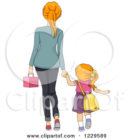 Clipart of a Rear View of a Mom Walking Her Daughter to School - Royalty Free Vector Illustration by BNP Design Studio