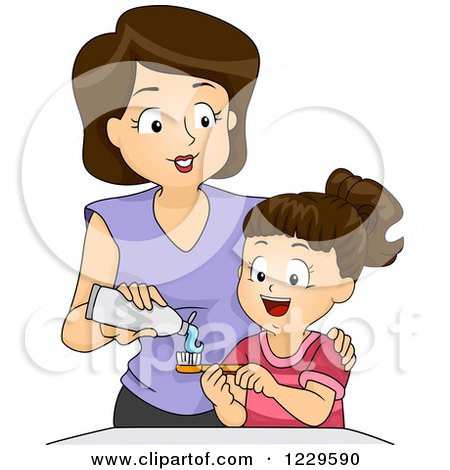 Clipart of a Mom Putting Toothpaste on Her Daughters Brush - Royalty Free Vector Illustration by BNP Design Studio
