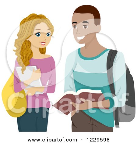 Clipart of a White Teenage Girl and Black Guy Sharing Books - Royalty Free Vector Illustration by BNP Design Studio