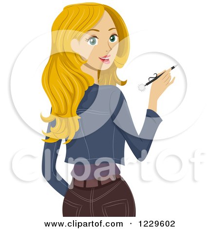 Clipart of a Blond Teenage Girl Looking Back and Holding a Pen - Royalty Free Vector Illustration by BNP Design Studio