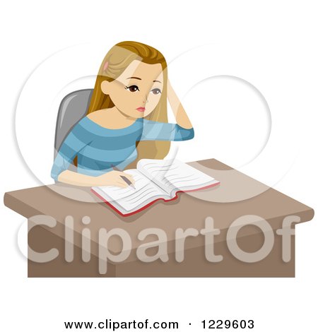 Clipart of a Teenage Girl Doing Homework at a Desk - Royalty Free Vector Illustration by BNP Design Studio