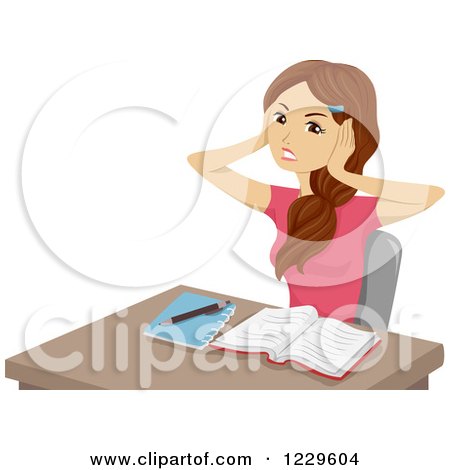 Clipart of a Frustrated Teenage Girl Covering Her Ears While Studying - Royalty Free Vector Illustration by BNP Design Studio