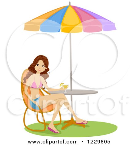 Clipart of a Teenage Girl with a Drink, Sitting in a Bikini Top at a Beach Table - Royalty Free Vector Illustration by BNP Design Studio