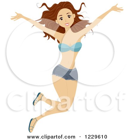 Clipart of a Teenage Girl Jumping in Daisy Dukes and a Bikini Top - Royalty Free Vector Illustration by BNP Design Studio