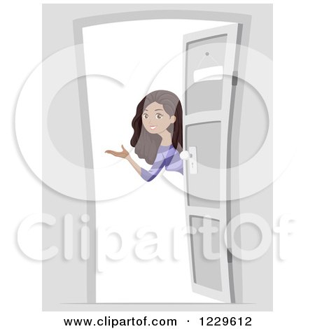 Clipart of a Welcoming Black Tenage Girl at an Open Door - Royalty Free Vector Illustration by BNP Design Studio