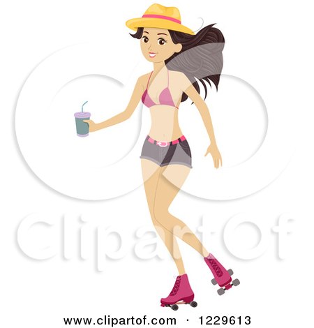 Clipart of a Brunette Teen Girl Roller Skating in a Bikini Top - Royalty Free Vector Illustration by BNP Design Studio
