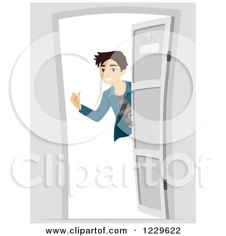 Clipart of a Welcoming Teenage Boy at a Door - Royalty Free Vector Illustration by BNP Design Studio