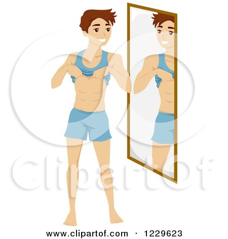 Clipart of a Teenage Boy Looking at His Abs in a Mirror - Royalty Free Vector Illustration by BNP Design Studio