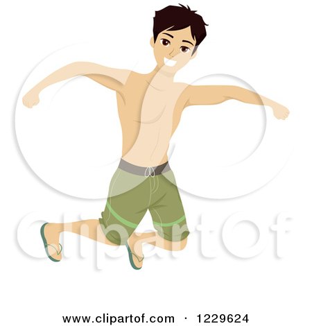 Clipart of a Teenage Boy Jumping in Swim Trunks - Royalty Free Vector Illustration by BNP Design Studio