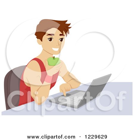 Clipart of a Teenage Boy Eating an Apple and Using a Laptop - Royalty Free Vector Illustration by BNP Design Studio