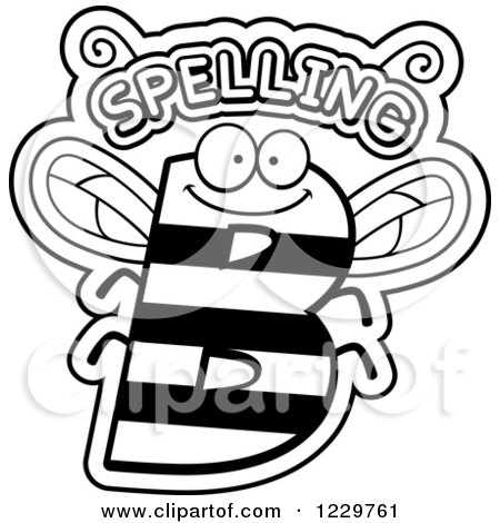 Clipart of a Black and White Letter B Bee with Spelling Text - Royalty Free Vector Illustration by Cory Thoman